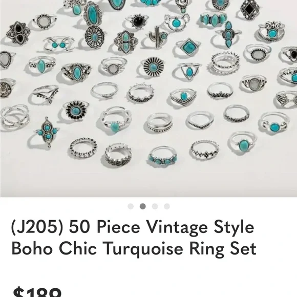 (J205) 50 Piece Vintage Style Boho Chic Turquoise Ring Set - Picture 2 of 4